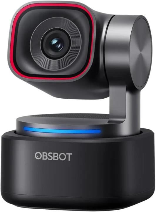 A sleek black OBSBOT webcam with a modern design, featuring a lens with a red trim and a glowing blue light on its base, conveying advanced technology.