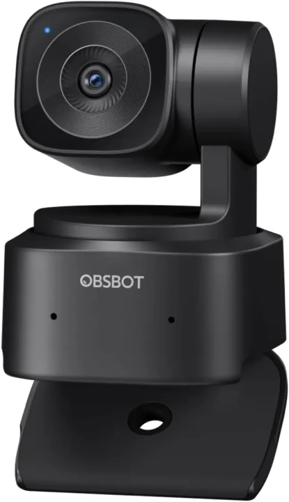 Sleek black webcam with a rotating lens mounted on a hinge for flexible positioning. "OBSBOT" printed on the front suggests brand. Modern and functional design.