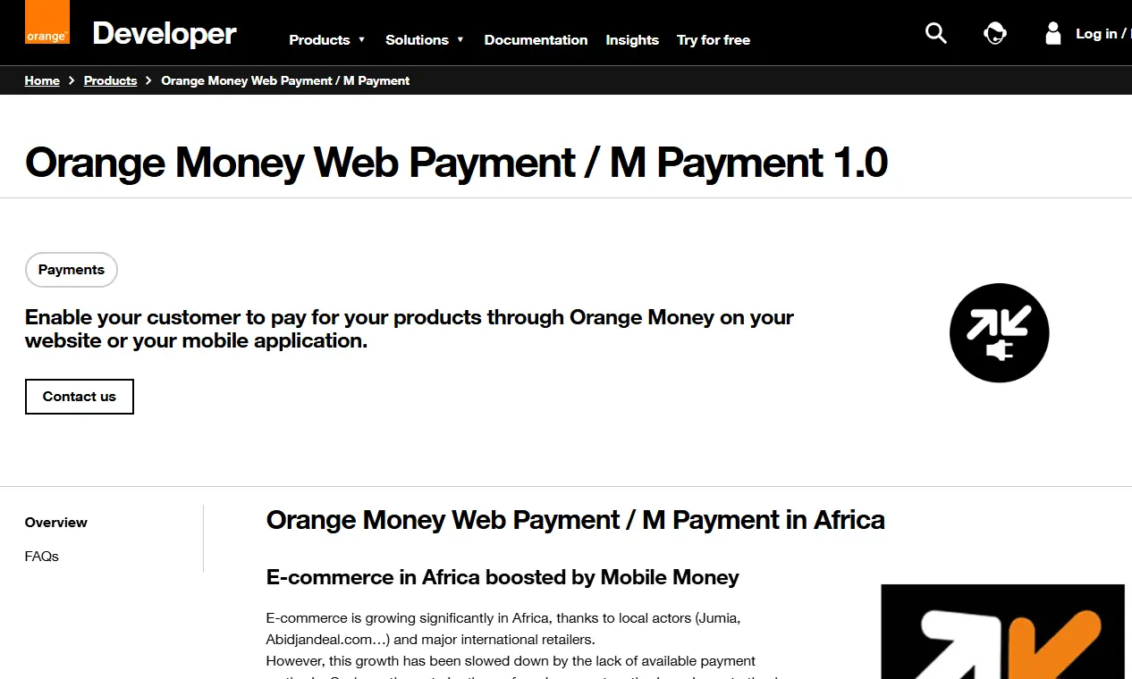 Orange Developer page for Orange Money Web Payment/M Payment 1.0. Highlights mobile payment solutions for e-commerce, with a contact option.