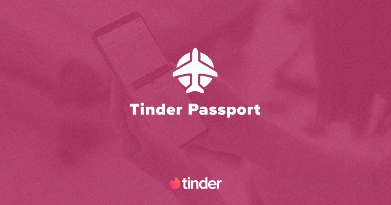 A pink-toned image shows a person holding a smartphone with Tinder's interface. The "Tinder Passport" logo and text are centered, conveying a theme of global connection.