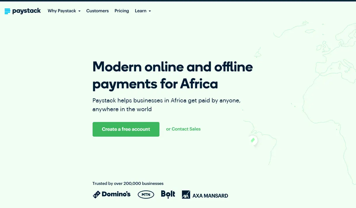 Paystack homepage with text promoting modern payments for Africa. Features a call to action button for creating a free account. Logos of businesses like Domino's and MTN indicate trust.