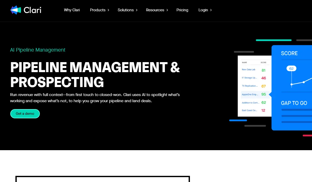 Clari webpage promoting AI pipeline management; bold text reads 'Pipeline Management & Prospecting,' with a demo button and a performance chart.