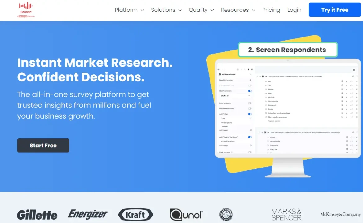 Website promoting an online survey platform with the slogan 'Instant Market Research. Confident Decisions' on a blue background, featuring brands like Gillette and Kraft.