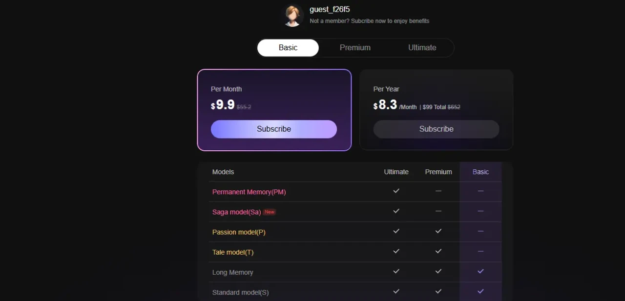 Subscription options for a service displayed on a dark background. Monthly plan is $9.9, yearly is $8.3 per month. Includes various model options.