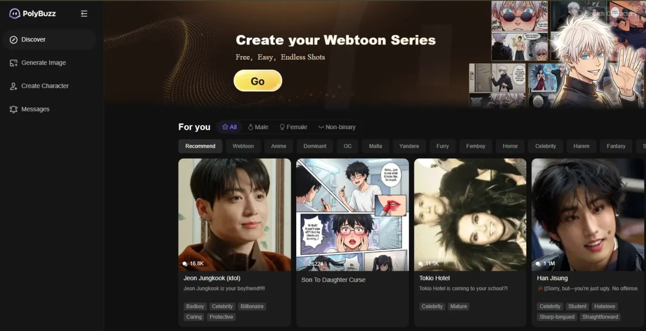 Webpage for creating a webtoon series on PolyBuzz, featuring a 'Go' button. Recommendations show images of people and comics, with categories like 'Webtoon' and 'Anime' highlighted. The design is modern and engaging.