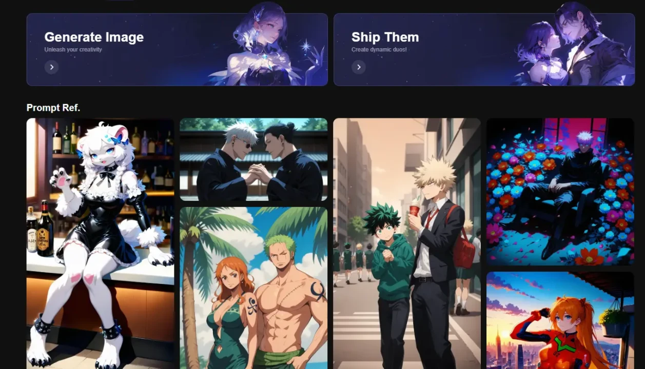 A collage of anime and fantasy-themed images includes a humanoid wolf sipping a drink, two men facing each other, and vibrant, colorful scenes with various characters.