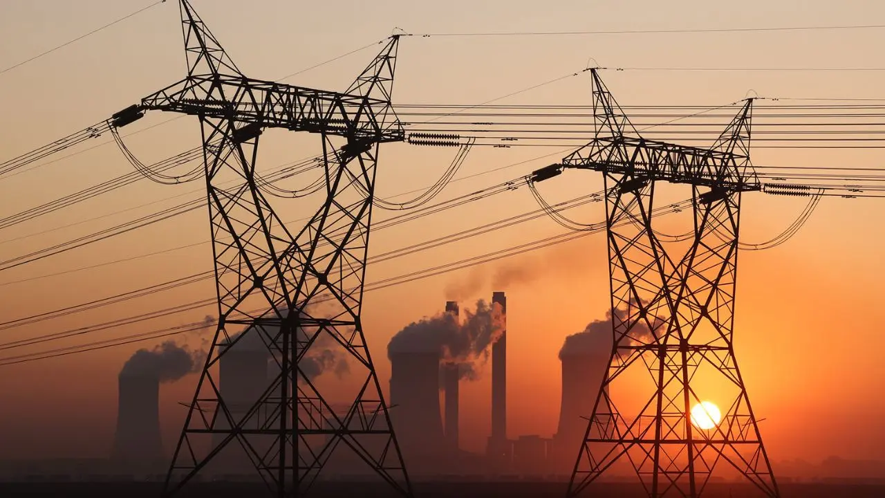 Power lines stretch across a sunset sky, silhouetting a power plant with billowing smoke stacks. The scene conveys industrial strength and environmental impact.