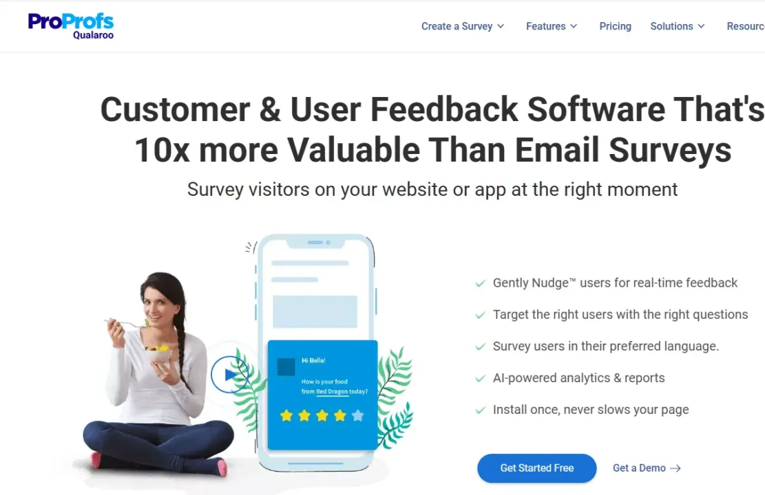 A webpage for ProProfs Qualaroo, featuring a headline promoting valuable feedback software. Shows a woman holding a speech bubble beside a phone illustration.