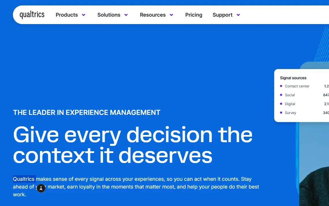 Qualtrics homepage with a blue background, white text stating 'Give every decision the context it deserves,' and a sidebar showing signal sources chart.