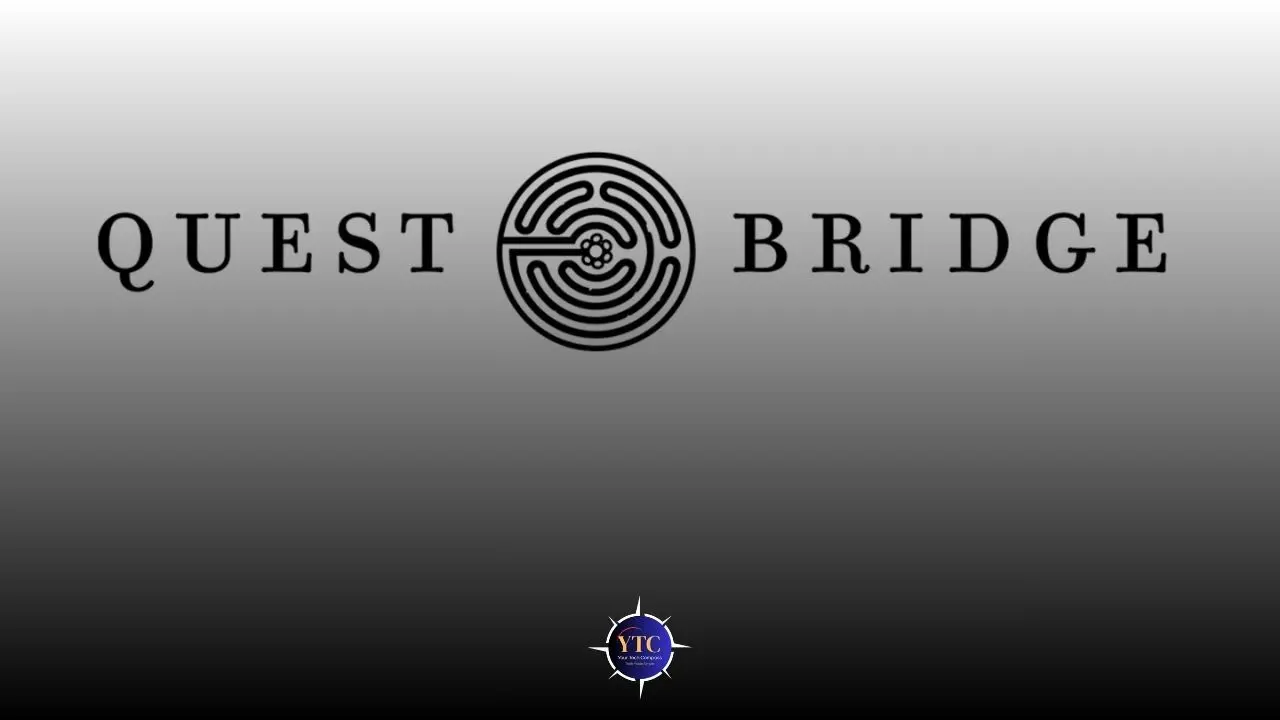 Logo with the words "Quest" and "Bridge" separated by a maze design. Set against a gradient background, the tone is modern and enigmatic.