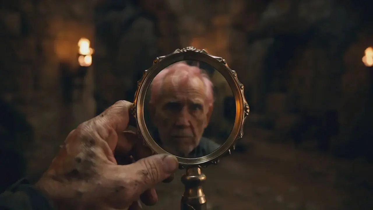 A person holds a brass-framed mirror, reflecting the face of an elderly man with a serious expression. The dimly lit room has stone walls and torches, creating a mysterious atmosphere.