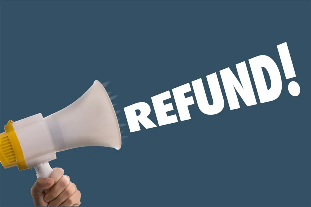 A hand holds a megaphone on a dark blue background, projecting the bold white word "REFUND!" to the right, conveying urgency and demand.