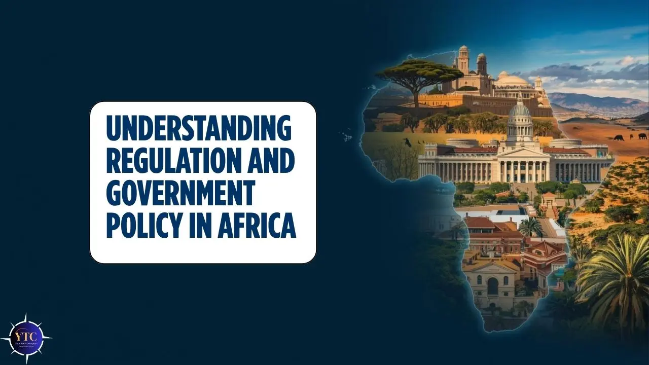 Silhouette of Africa displaying a collage of landmarks and nature, next to the text 'Understanding Regulation and Government Policy in Africa' on a blue background.