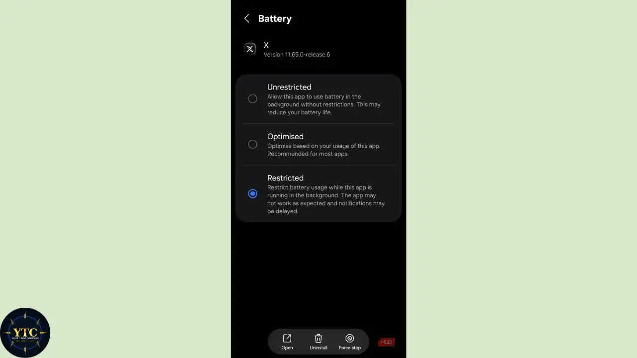 Battery settings screen with options: Unrestricted, Optimised, and Restricted. Restricted is selected, limiting app battery use in the background.