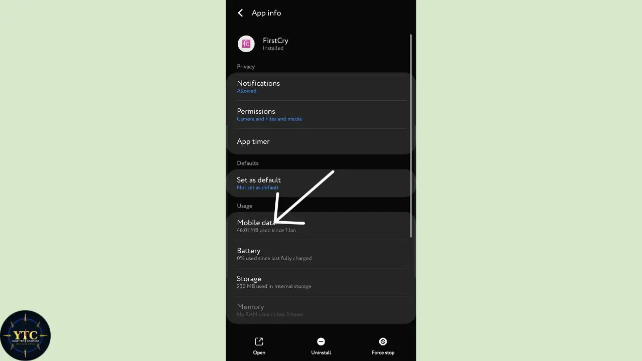 Mobile app settings screen showing "FirstCry" app info. Arrow highlights "Mobile data: 446 MB used since 1 am." Options include uninstall and force stop.