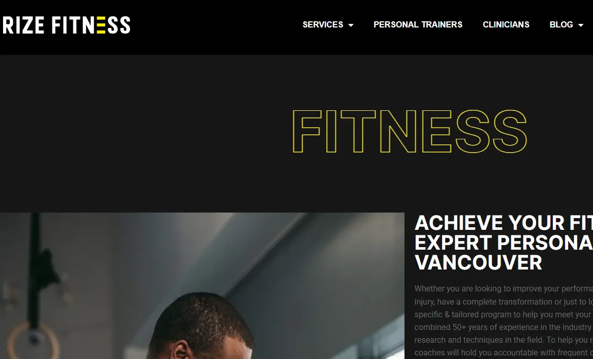 Website header for Rize Fitness with a black background and bold yellow text stating 'Fitness.' A navigation menu includes services, trainers, and the blog.