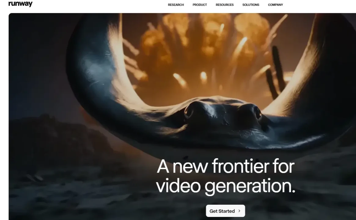 A dynamic image of a manta ray gliding through a surreal desert landscape with a glowing explosion in the background, accompanied by the text "A new frontier for video generation." The scene conveys innovation and exploration.