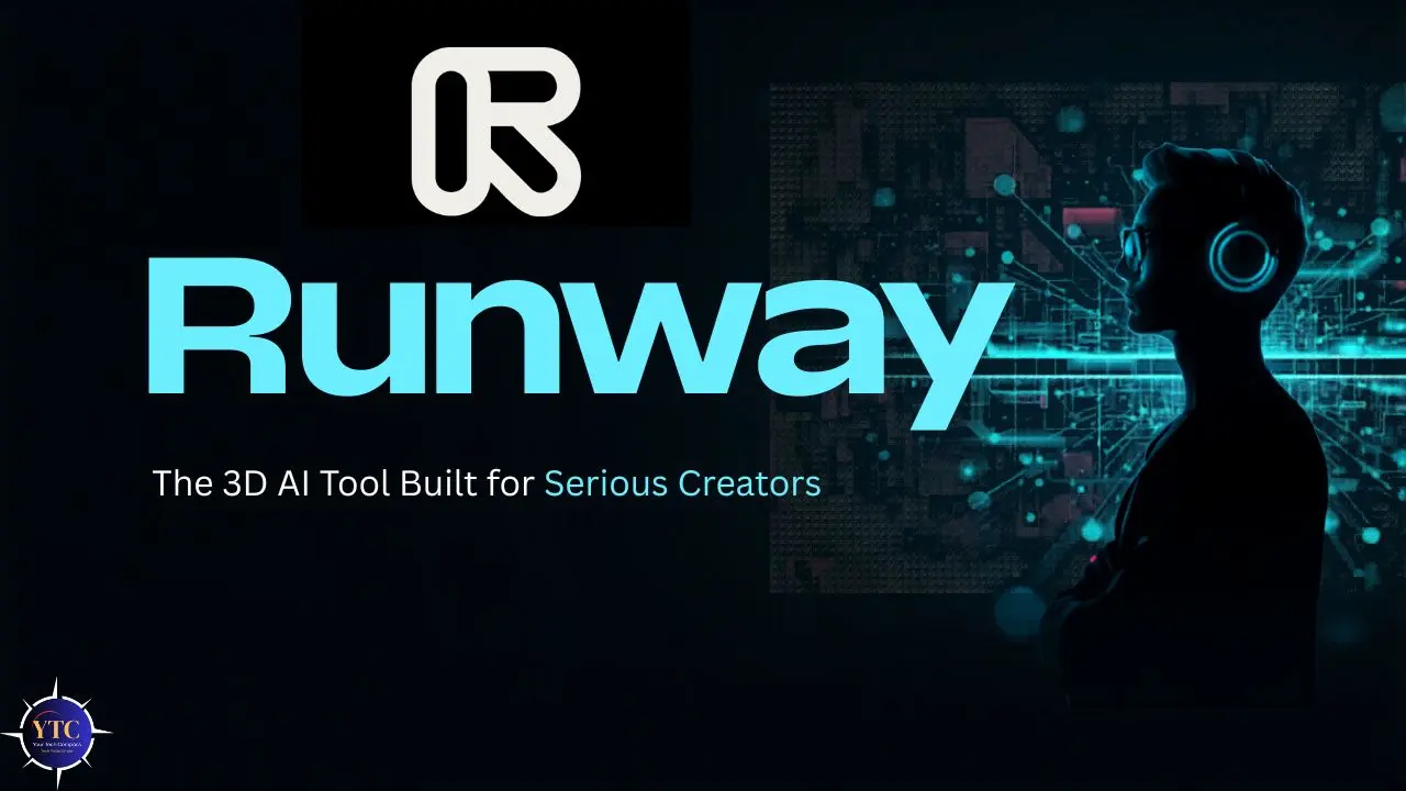 Silhouette of a person wearing headphones against a digital background, with bold text 'Runway' and tagline 'The 3D AI Tool Built for Serious Creators.'