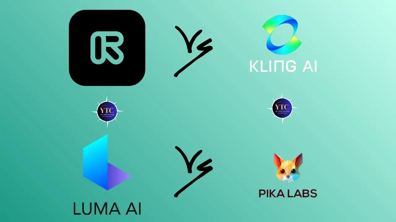 Logos of R and Luma AI face off against Kling AI and Pika Labs on a teal background. "VS" text indicates competition between the pairs.