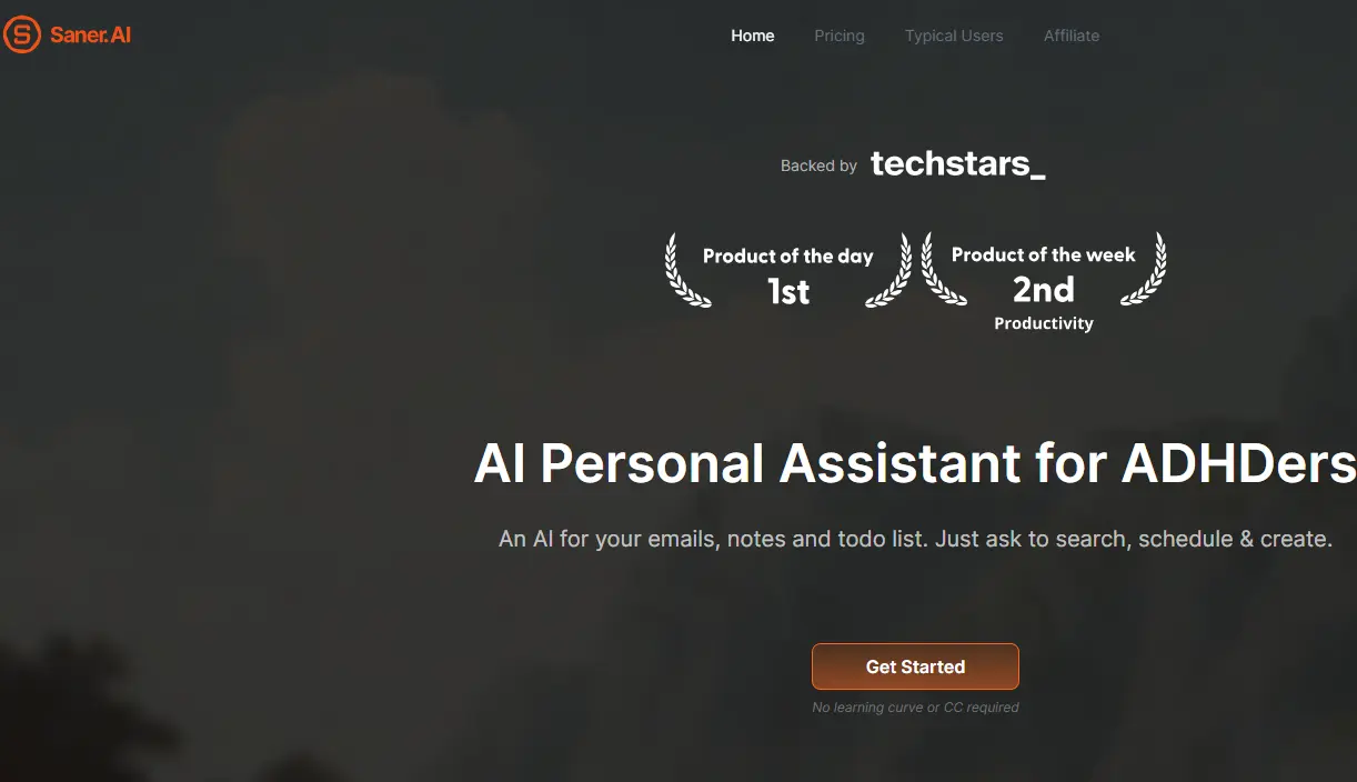 Homepage of Saner.AI, featuring awards for productivity, with a call-to-action button to "Get Started." The tone is professional and inviting.