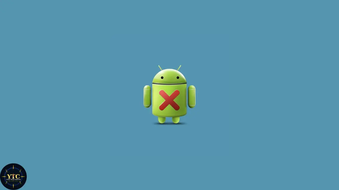 Green Android robot with a red X on its chest, set against a solid blue background. A small circular YTC logo is in the bottom left corner.