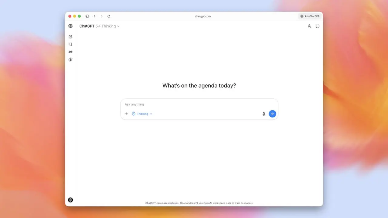 Screenshot of ChatGPT interface with text "What's on the agenda today?" in a search bar. Background shows soft pastel hues of orange and blue.