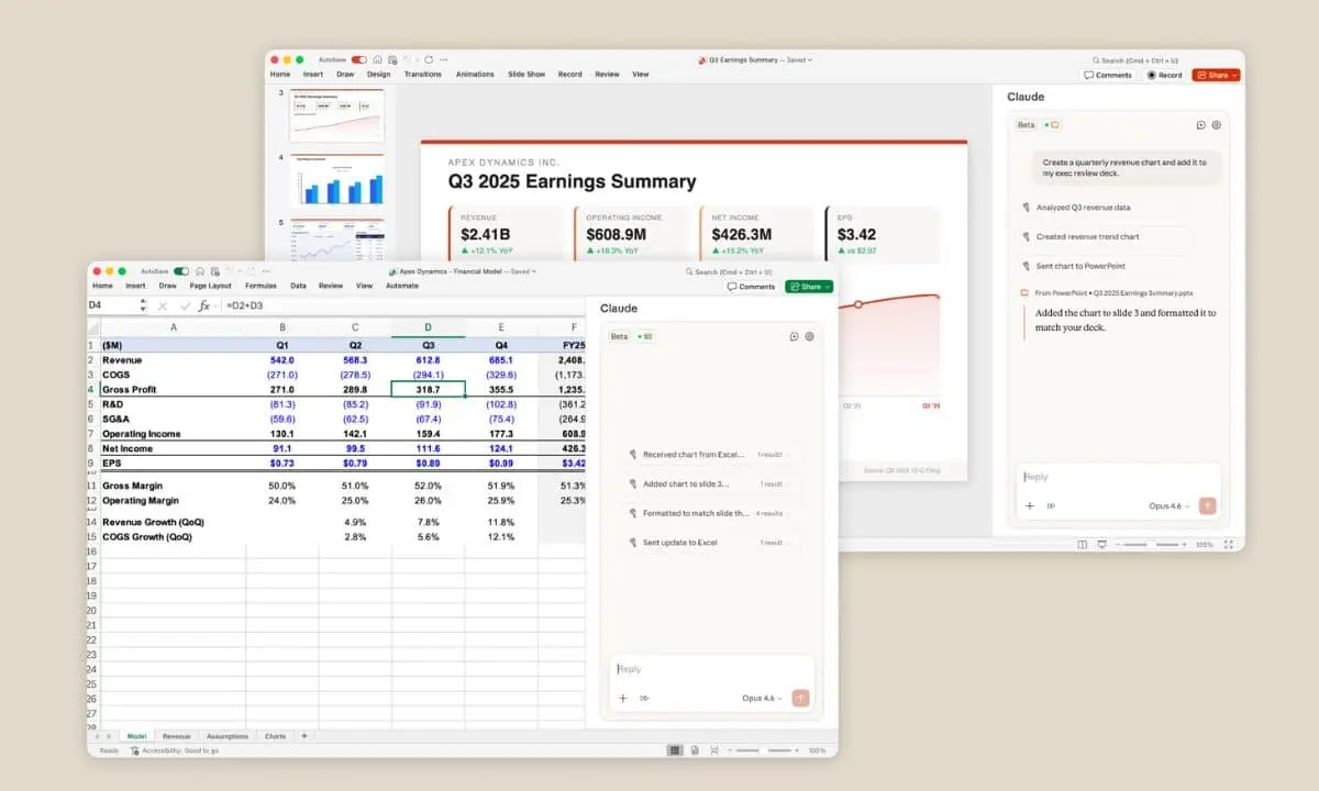 Split-screen image showing a Q3 2025 earnings summary presentation with bar graphs and financial data, alongside an Excel spreadsheet detailing revenue and net income, accompanied by a sidebar with notes and comments.