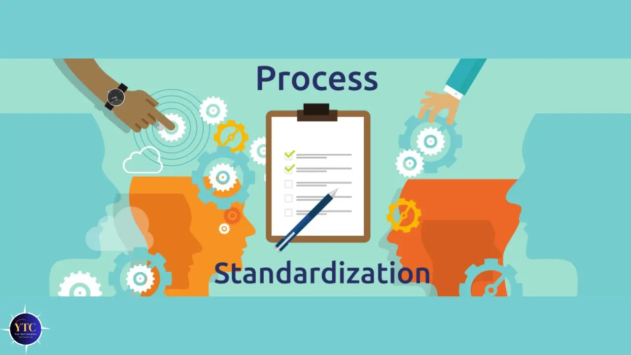 Illustration of two hands with gears and a checklist clipboard, symbolizing teamwork. Blue background with "Process Standardization" text.
