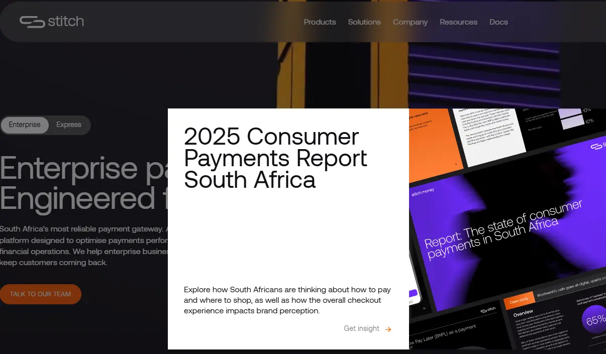 "Stitch website screenshot showing '2025 Consumer Payments Report South Africa' overlay. Background includes navigation menu and enterprise solutions text."