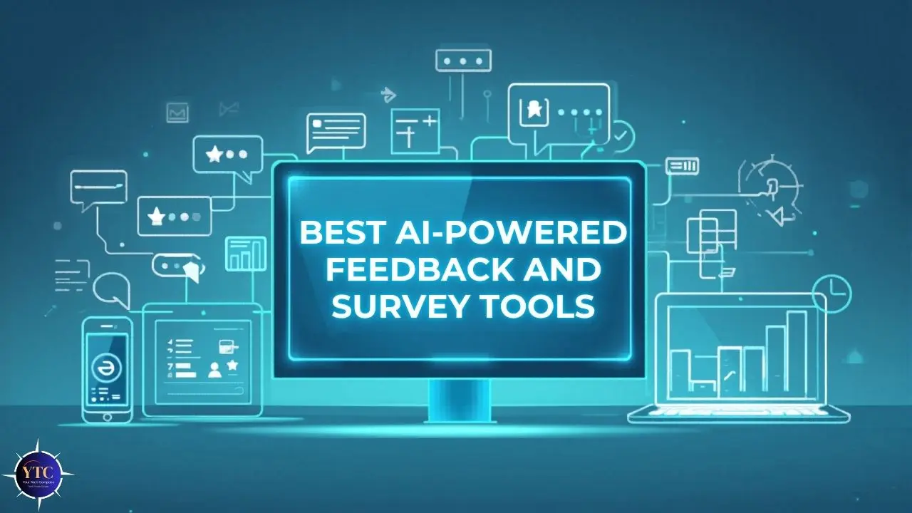 A glowing computer screen displays "Best AI-Powered Feedback and Survey Tools" against a blue digital background. Icons of charts, devices, and dialogue boxes float around, suggesting technology and communication themes.