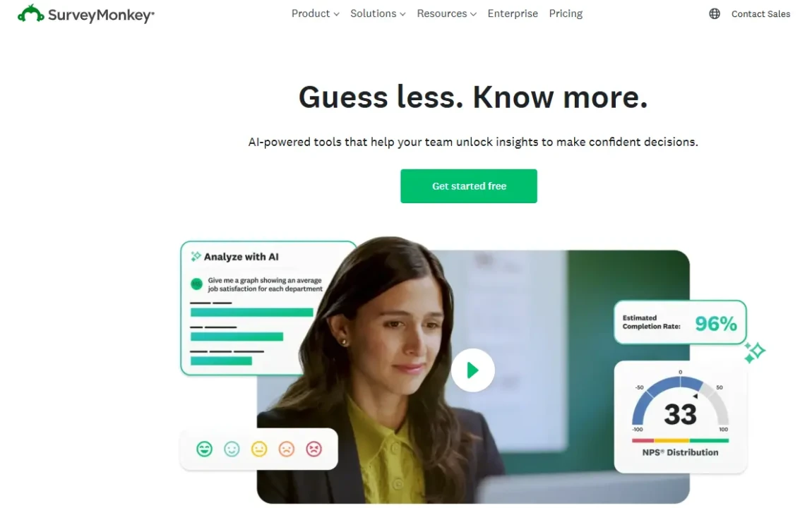 A woman looks at data on a computer screen with graphs and charts. Text reads, "Guess less. Know more," promoting AI-powered decision tools.