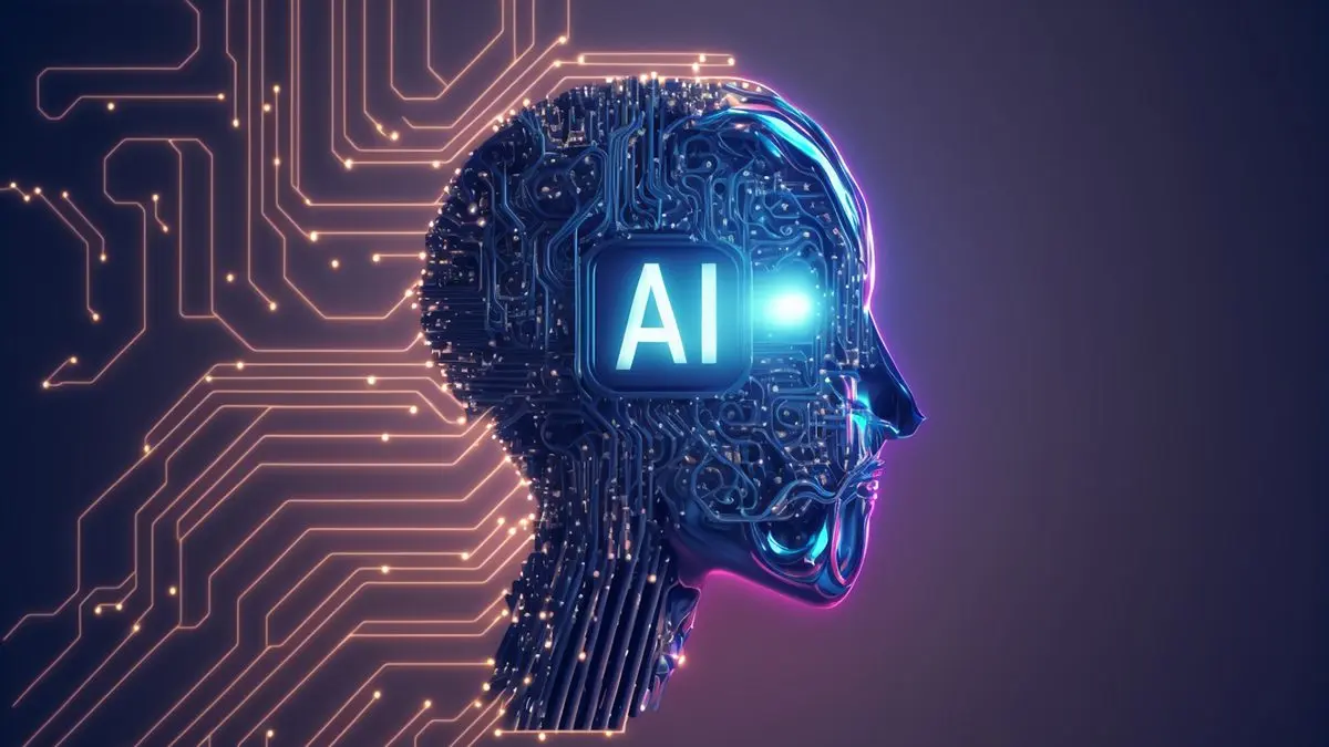Futuristic human head with AI circuit design, glowing blue with digital lines extending outward on a dark background, symbolizing advanced technology.