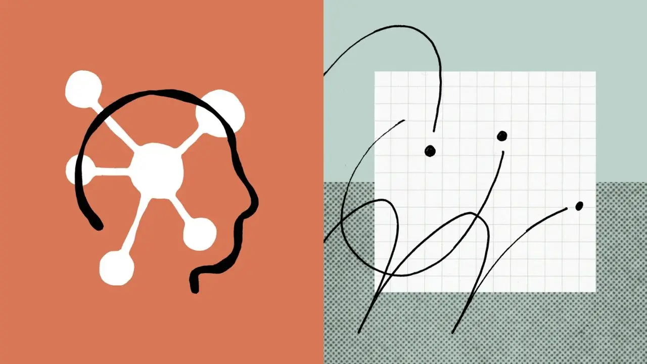Abstract image divided in half. Left: orange background with a black outline of a face and a network symbol. Right: grid and curved lines on a gray-green background.