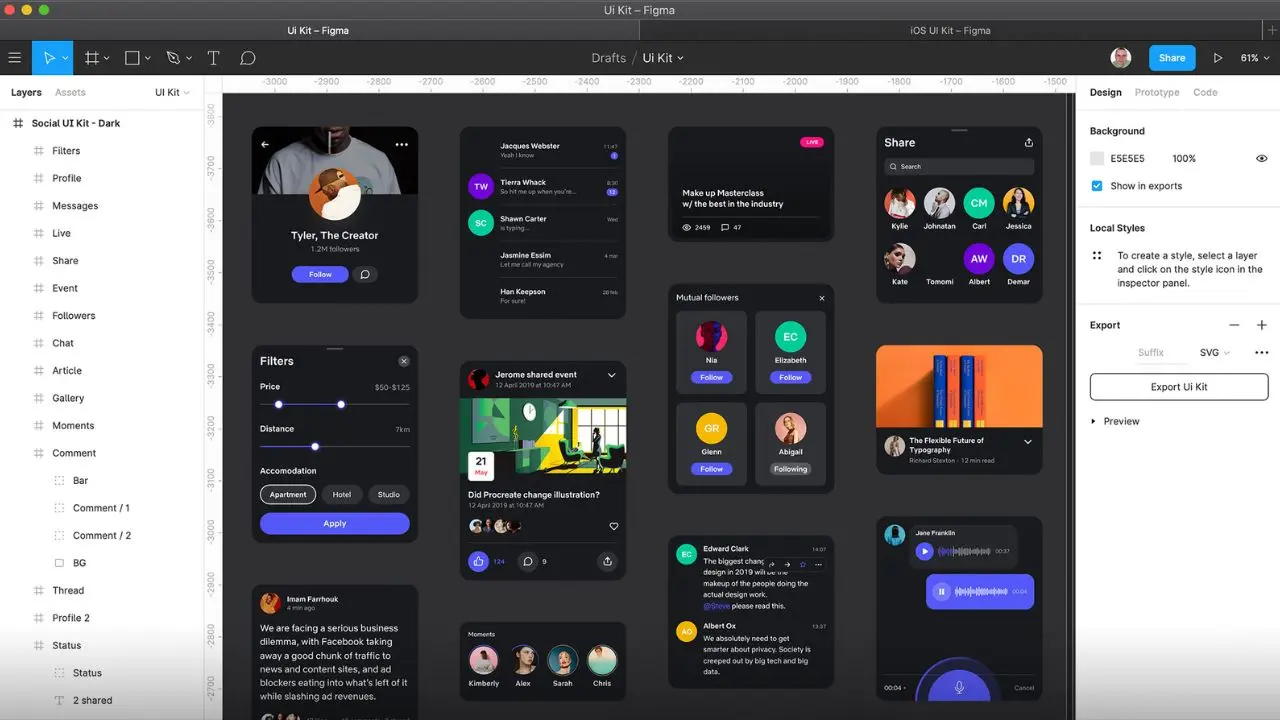 A Figma UI design interface displays a dark-themed social media kit with elements like profile cards, filters, and notifications, set against a grid background.