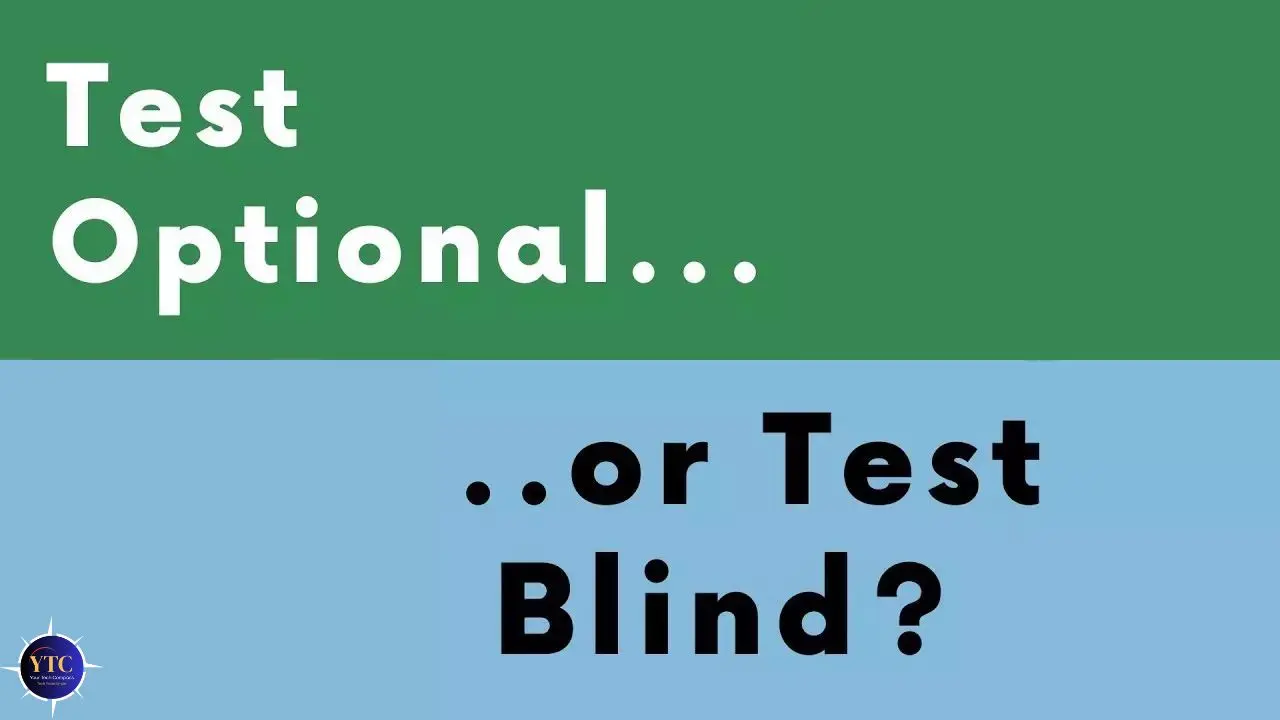 Text graphic with a green top half reading "Test Optional…" in white and a blue bottom half reading "..or Test Blind?" in black. YTC logo in corner.