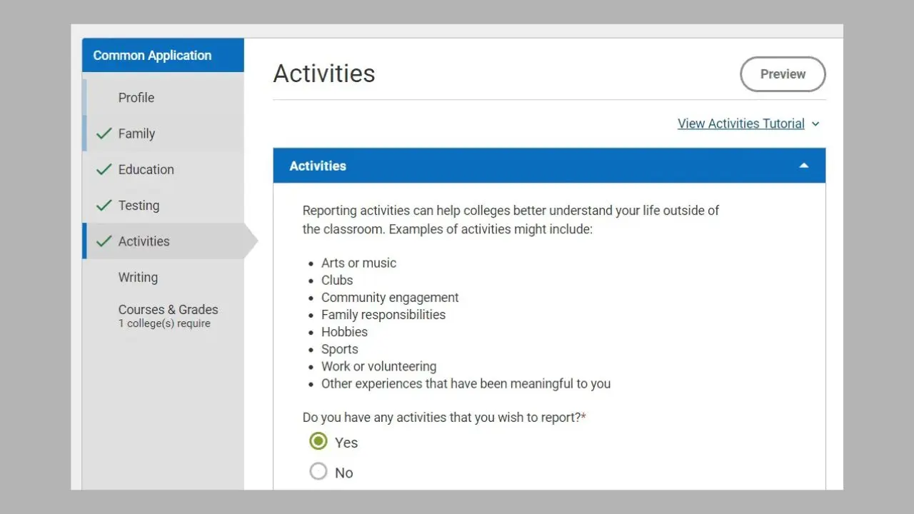 Screenshot of the Common Application "Activities" section. It lists examples like arts, clubs, and sports. Selection options include "Yes" or "No." A sidebar shows navigation links.
