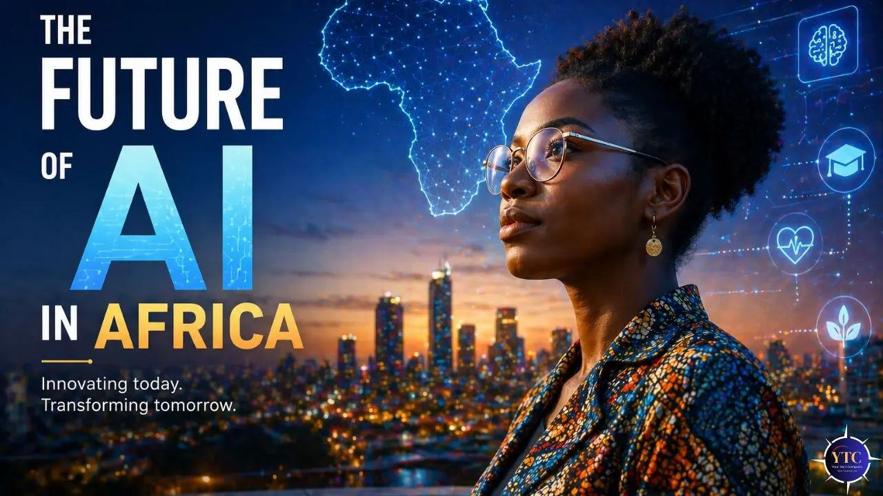 Young woman in glasses gazes into distance, with an African city skyline at sunset. Blue map of Africa and AI icons overlay. Text: "The Future of AI in Africa."