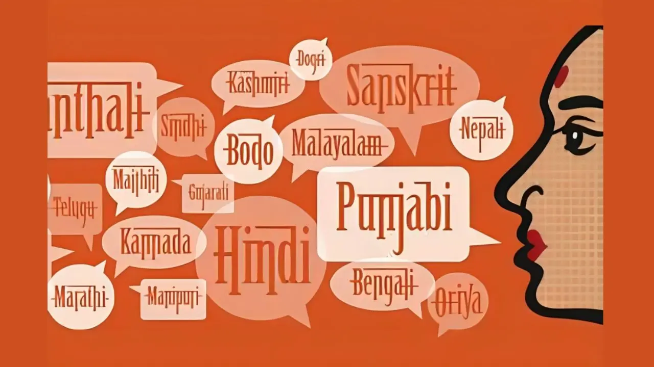 Profile of a woman's face in traditional style surrounded by speech bubbles listing languages like Hindi, Punjabi, and Bengali, on an orange background.