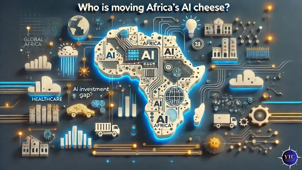 Infographic of Africa with AI-themed icons like gears, trucks, buildings, and graphs. Text reads "Who is moving Africa's AI cheese?" Emphasizes technology and investment.