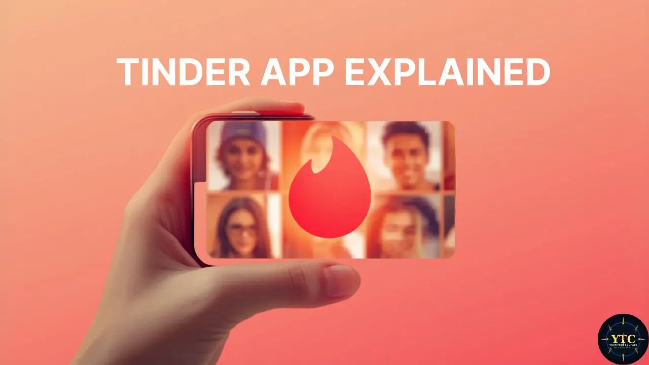 A hand holds a smartphone displaying the Tinder flame logo over a grid of blurred faces. The text "Tinder App Explained" is above, on a pink gradient background.