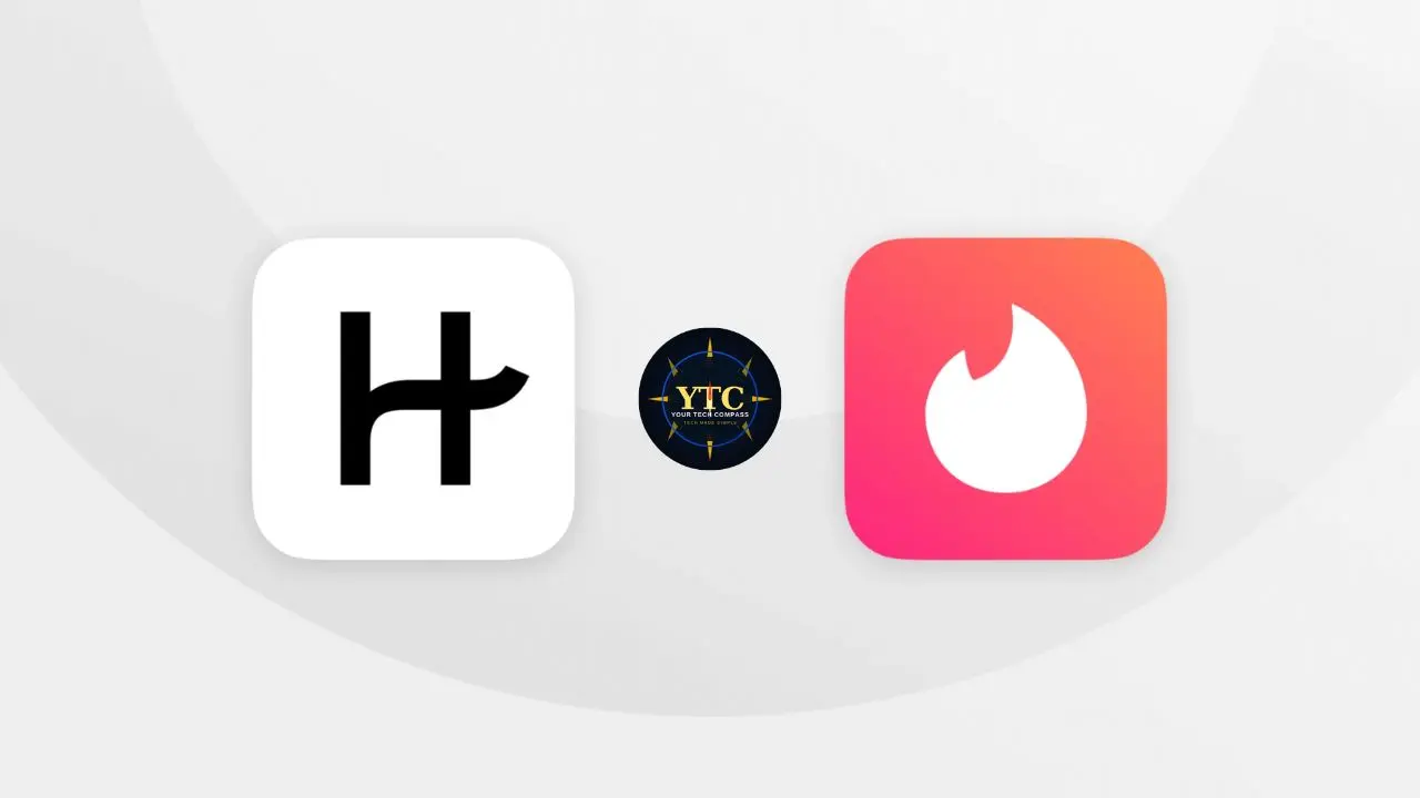 Two app icons; left is a white square with a stylized black "H," and right is a pink gradient square with a white flame. Between them, a small YTC circle logo.