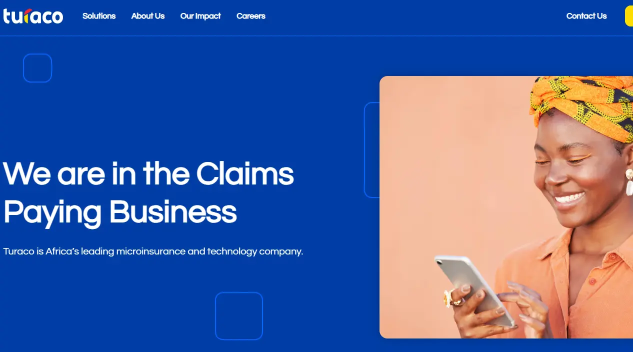 The image shows a smiling woman with a headscarf using a smartphone, next to text stating, "We are in the Claims Paying Business," against a blue background.