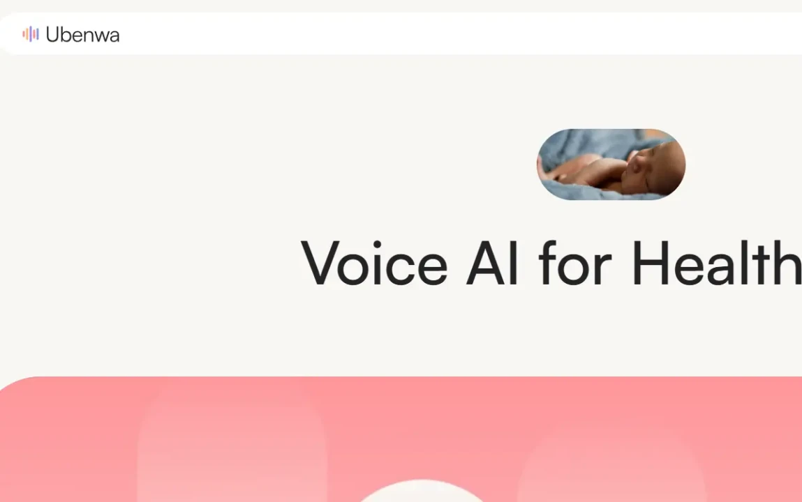 Website header for Ubenwa showcasing 'Voice AI for Health' with an inset image of a peaceful sleeping baby, conveying a sense of care and innovation.