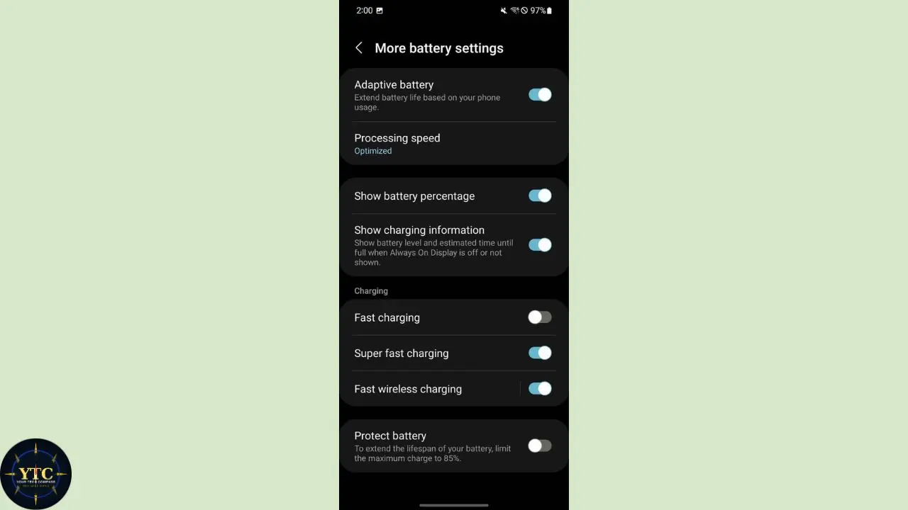A smartphone screen displays "More battery settings." Options like Adaptive Battery, Processing Speed, and various charging modes are toggled on.