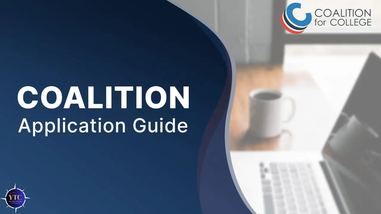 Graphic with a navy blue wave design displaying 'Coalition Application Guide' in bold text. A blurred background shows a laptop and coffee mug, alongside the Coalition for College logo.