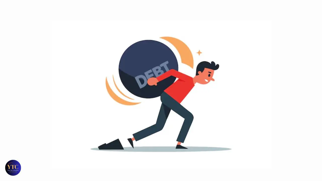 A cartoon man struggles to carry a large black ball labeled "Debt" on his back. He leans forward, conveying burden and strain, on a white background.