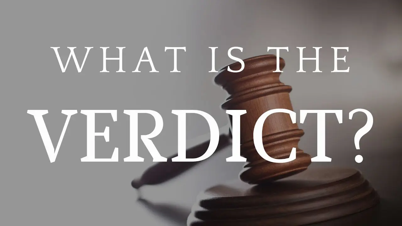 A wooden judge's gavel rests silently on a surface. Overlaying text reads "What is the verdict?", creating a tone of anticipation and judgment.