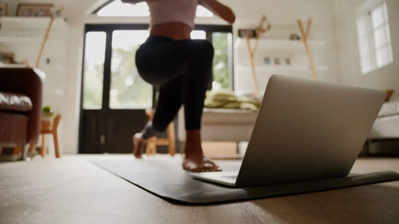 A woman exercises on a yoga mat in a bright living room, following a workout on a laptop. The atmosphere is focused and serene.