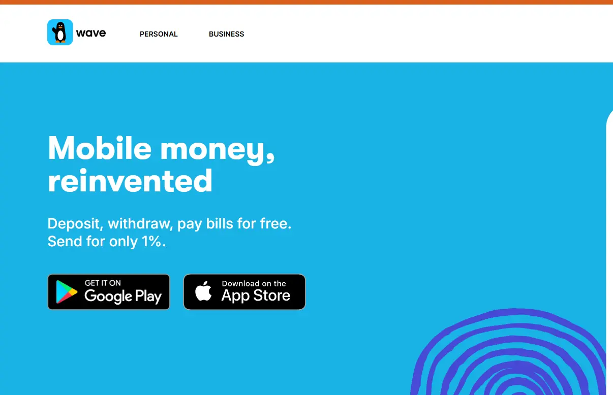 Bright blue webpage with the text "Mobile money, reinvented." Options for depositing, withdrawing, bill pay, and sending at 1%. Download links for Google Play and App Store.