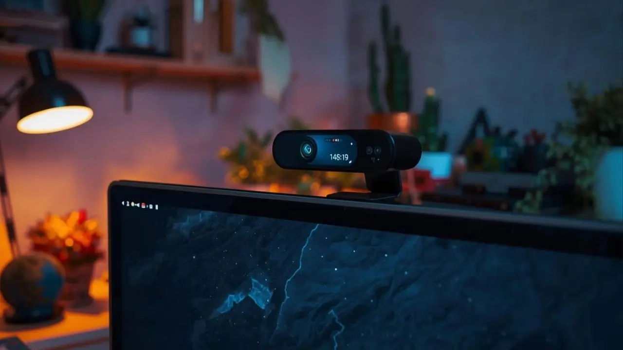 A webcam sits atop a monitor displaying a starry sky. The room is dimly lit, with a desk lamp and plants creating a cozy, focused atmosphere.